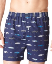 Enjoy the ride in these comfortable cotton boxers with car graphics from Tommy Hilfiger.