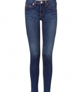 Elevate your go-to closet staples with these ultra-skinny jean leggings from True Religion - Five-pocket styling, logo detailed back pockets, slim fit, whiskering - Style with an oversized asymmetrical tee and embellished ballet flats