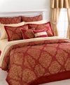 Give your bedroom the royal treatment with this St. Charles comforter sets, featuring an opulent flourish pattern in a rich red and gold color scheme. This comprehensive set comes with all the components you need to redo your room in lavish style, including a sheet set with a gold diamond design along the hem to tie the look together.