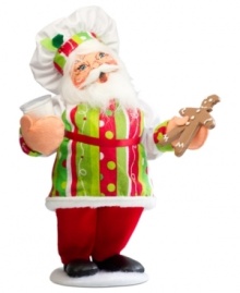 Share the big guy's taste for sweets with a Baking Santa figurine from Annalee. An apron and chef's hat get St. Nick closer to the milk and cookies he craves. Position him in a kitchen window or on a nearby shelf.