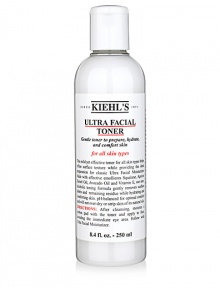 This mild yet effective toner for all skin types helps refine surface texture while providing the ideal preparation for classic Ultra Facial Moisturizer. Made with effective emollients Squalane, Apricot Kernel Oil, Avocado Oil and Vitamin E, our non-alcoholic toning formula gently removes surface debris and remaining residue while hydrating and comforting skin. PH-balanced for optimal comfort, it will not over-dry or strip skin of its natural oils. 8.4 oz. 