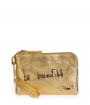 With a wise phrase embossed on the front, this metallic leather wristlet from Diane von Furstenberg takes your look to new stylish heights - Top zip closure, front slogan and logo detail, removable chain detailed wristlet strap, inside back wall card slots - Perfect for daily use or as a thoughtful gift