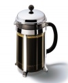 The coffee press has long been recognized as one of the best ways to brew coffee for that rich, aromatic flavor. This classic design makes 2 to 12 cups of coffee in just 4 minutes. Patented safety lid, stainless steel filter system and glass beaker. Stay cool handle and top knob. Holds 51-oz.; measures 9-1/2(tm) H x 7(tm) W (including handle) x 4-3/4 D. Two year limited warranty.