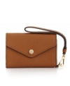 Chic and clever, this envelope-style wristlet is crafted from luscious Saffiano leather and features an iPhone sleeve, zip pocket and 3 card slots. 18K gold hardware elevates the luxe factor.