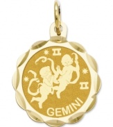 Tell everyone your sign in style! This scalloped and polished disc charm features the Gemini Zodiac in 14k gold. Chain not included. Approximate length: 9/10 inch. Approximate width: 3/5 inch.