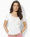 Delicate Battenburg lace gracefully accents Lauren by Ralph Lauren's soft cotton petite  tee for a modern, feminine appeal.