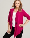 Fluid fuchsia drapes downward for a breezy Karen Kane jacket that emboldens your look with easy elegance.