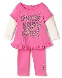 Cast your vote for this adorable Juicy Couture set, featuring a ruffle-trimmed sparkling tee and matching leggings with logo at the cuff.