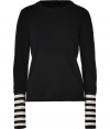 Dressed up with eye-catching cream striped silk cuffs, Marc by Marc Jacobs black cashmere pullover is anything but basic - Round neckline, long sleeves, cream and black striped silk cuffs - Fitted - Wear with a fun printed skirt and cool retro kicks