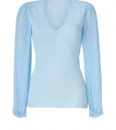 Lady-chic looks get a decidedly feminine finish in Emilio Puccis ultra glamorous soft azure pullover, finished with pleated long sleeves in exquisitely chic billowing sheer silk - V-neckline, long pleated sleeves, gathered buttoned cuffs, slim straight fit - Team with tailored separates and a shimmer of sparkly fine jewelry