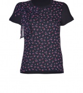 Playful and punchy with its sweet cherries, Valentino R.E.D.s combo tee is a fun way to wear this seasons print trend - Round neckline, short sleeves, cherry print ink-multi silk front with oversized bow at shoulder, black modal back, sleeves and trim - Fitted - Wear with favorite skinnies and flats