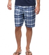 Check great warm-weather style off your list with these plaid board shorts from Izod.