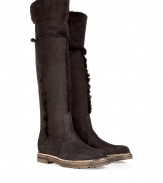 Up the style quotient of your cold weather look with these rugged-luxe shearling boots from Rossano Bisconti - Round toe, chunky sole and low block heel, supple suede, over-the-knee length with the option to fold-over, shearling lined - Style with skinny jeans, an oversized cashmere pullover, and a cape coat