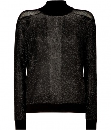 With its sultry sheer shoulder detailing and allover shimmer, Theyskens Theorys knit top is a chic choice for glaming up winter cocktails - Stand-up collar, long sleeves, ribbed cuffs, open knit shoulders and back panel - Loosely fitted - Wear with opaque tights and a leather micro-mini