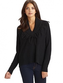 THE LOOKRibbed shawl collar with fringe detailsLong raglan sleevesRibbed hemTHE FITAbout 23 from shoulder to hemTHE MATERIAL70% wool/30% cashmereCARE & ORIGINDry cleanImported