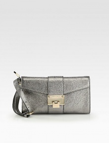 EXCLUSIVELY AT SAKS IN PEARL GREY. A light-catching metallic leather essential in a compact size, topped with signature metal hardware. Adjustable wrist strap, 6-7 dropFlap-lock closureOne inside zip pocketFully lined9¾W X 5¾H X 1½DMade in Italy