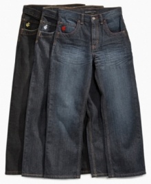 Walk the walk. He'll have no problem strutting around with confidence in these comfortable, stylish jeans from Rocawear.