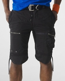 Metal zippers and grommets give a modern moto-inspired look to an essential cargo short in lightweight cotton poplin.