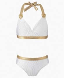 Golden girl. She'll be award-winning in this shiny swimsuit from Penelope Mack.