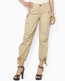 A modern twist on a rugged pant, this chic cargo version boasts a cropped silhouette with drawstrings at the hem for an elegant ruched effect.