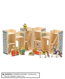 It's easy to man the battlements in this compact wooden castle! The king and queen have thrones and a royal bed, and two knights with horses to defend them and their treasure chest. The castle includes a working drawbridge, a dungeon and a handle for portable adventures!