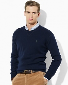 The classic long-sleeved sweater is designed from comfortable combed cotton and has a crew neckline for a casual look and feel.