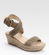 Hand-crochet cotton espadrille with adjustable ankle straps and a slight wedge. Natural jute wedge, 2½ (65mm) Platform, 1½ (40mm) Compares to a 1 heel (25mm) Hand-crochet cotton upper Leather lining Rubber sole Padded insole Imported