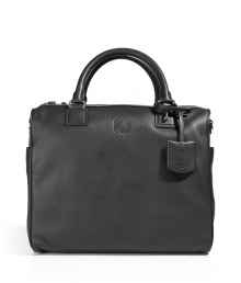 Luxurious bag in black boxcalf leather - by the Spanish couture label Loewe - classic business bag, simple, stylish, high quality - square shape, medium size (fits a small laptop) - functional all around zipper and short slim handles - highly luxurious interior quality - a genuine show-case, modern but not too fashionable - pairs with a little black dress in the evening, too