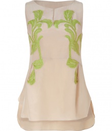 Luxe sleeveless top in fine, pure tan silk - Incredibly soft and lightweight - Vibrant green embroidery compliments the on-trend, flesh-colored hue - New, feminine silhouette is slim yet easy and cut longer in the back with a double-layer hem - Small, round collar with front slit detail - Polished and cool, easily dressed up or down - Pair with jeans, ankle-cropped pants or a mini skirt