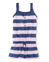 An airy cotton jersey romper is crafted in a bold, striped print and finished with sweet ruffles.