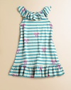 Sweet bows, stripes and flirty ruffles are the perfect frilly, feminine adornments for this a-line frock.Ruffled jewelneckSleevelessPullover styleA-line silhouetteRuffled hem51% modal/49% cottonMachine washImported