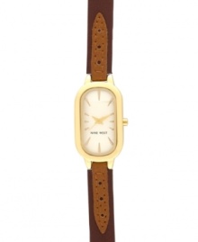 Classic style you can trust, by Nine West. Crafted of brown leather strap and oval gold tone mixed metal case. Champagne dial features gold tone applied stick indices, gold tone hour and minute hands, sweeping second hand and logo at six o'clock. Quartz movement. Limited lifetime warranty.