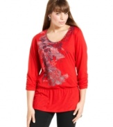 Snag a standout casual look with Style&co.'s three-quarter-sleeve plus size top, showcasing an embellished print.