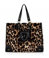 Inject eye-catching style into your statement handbag collection with Juicy Coutures bold leopard print velour tote - Black shield logo plate, black leather trim, side slit pockets, top snap, key fob, inside zippered and slot pockets - Perfect for adding a kick of cool to your glamorous daytime looks