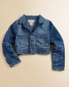 This stylish denim jacket is rendered in a slightly faded and frayed wash for a cool, timeworn look.Point collar with notched lapelLong sleeves with single button cuffsButton frontFront patch pocket65% cotton/35% elastaneMachine washImported Please note: number of buttons may vary depending on size ordered. 