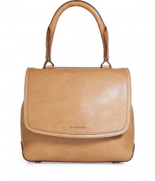 Luxurious bag in elegant leather - in fashionable camel - trendy, slightly expanding satchel style, with flap - medium sized and roomy - comfortable carry handle - a brilliant everyday bag because its posh AND stylish AND practical - goes with cool biker looks as well as seroius business outfits