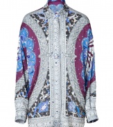 With its characteristic optical print, and exquisite shimmering sequin and bead embellishment, Emilio Puccis silk shirt makes a glamorous, scene-stealing statement - Classic collar, long dolman sleeves, dropped shoulders, hidden snapped cuffs, hidden button-down front, curved hemline - Contemporary oversized fit - Finish with jet black slim-fit separates and flawless platform pumps