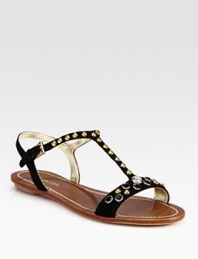 Suede t-strap upper and leather sole design embellished with multicolor crystals and studs. Stud and crystal-embellished suede upperLeather lining and soleMade in ItalyOUR FIT MODEL RECOMMENDS ordering one half size up as this style runs small. 