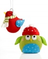 Crafted charm is the anything-but-common thread in two knit birds ready to perch in your tree. Patterns in their wings and tiny winter accessories ornament each with irresistible whimsy.