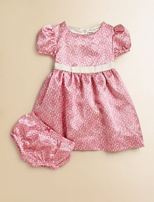 A pretty lace print on lustrous satin charmeuse makes the loveliest party dress for your little princess.Round necklineShort puffed sleevesBack button closeEmpire grosgrain ribbon waist with bowFull skirtFully lined in satinMatching bloomers with elasticized waist and leg openingsPolyesterMachine washImported Please note: Number of buttons may vary depending on size ordered. 