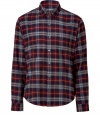 Super on-trend crimson and navy brick plaid shirt -Get the of-the-moment look in this stylish plaid button-down - Small smart collar with a modern-cut silhouette - Wear with a chunky wool cardigan, jeans, a motorcycle boots for downtown-ready casual - Pair with a blazer, chinos, and oxfords