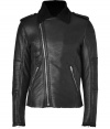 Work an ultra luxurious edge into your outerwear essentials with Each Others soft black shearling biker jacket - Spread collar, long sleeves, zippered cuffs, stitched elbows, off-center front zip, zippered slit pockets, snapped epaulettes, cozy shearling inside - Slim straight fit - Wear with everything from favorite jeans and boots to modern knits and tailored trousers