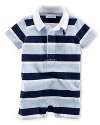 A soft cotton jersey shortall features a sporty rugby collar and classic stripes for an iconic preppy look.