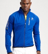 Constructed from breathable seam-sealed mechanical stretch twill, a full-zip mockneck jacket makes a smart statement with moisture-wicking technology and bold neon details.Double zip frontStand collarZippered chest, side slash pocketsElasticized drawcord hemFully linedAbout 27 from shoulder to hemPolyesterMachine washImported