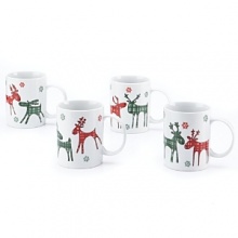 Perfect for hot cocoa, these charming reindeer-accented mugs are festive and fun.