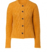 Casual daytime looks get a shock of radiant color with By Malene Birgers honey-hued cable knit cardigan, detailed in an soft textural angora mix for ultra cozy results - Rounded neckline, long sleeves, ribbed trim, button-down front, horn-effect buttons, side slits, cropped boxy fit - Pair with favorite skinnies, or layer over feminine dresses for work