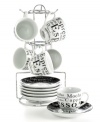 Satisfy every kind of coffee craving with the Espresso Expressions set from Gibson drinkware. Porcelain cups and saucers with black and white type come on a metal stand for easy storage.