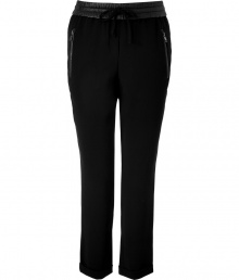 With a sporty cut and luxe lambskin waistband, Steffen Schrauts black drawstring pants are the perfectly versatile choice for dressing up and down - Leather elasticized drawstring waistband, zippered side slit pockets, cuffed ankles - Loosely tailored fit, ankle length - Wear with a feminine satin top and heels