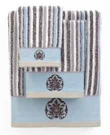 Sweet serenity. Offering a romantic and elegant composition for your bath space, this Aquarelle Embroidery hand towel features beautiful stripes in soft blue hues. Embellished with subtle embroidery along the hem.