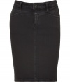 The pencil skirt gets a downtown kick with this tough-meets-chic denim iteration from Closed - Classic jean styling, front slant pockets, logo detail at fly, slim fit, back slit - Pair with a silk blouse, a draped front leather jacket, and platform pumps